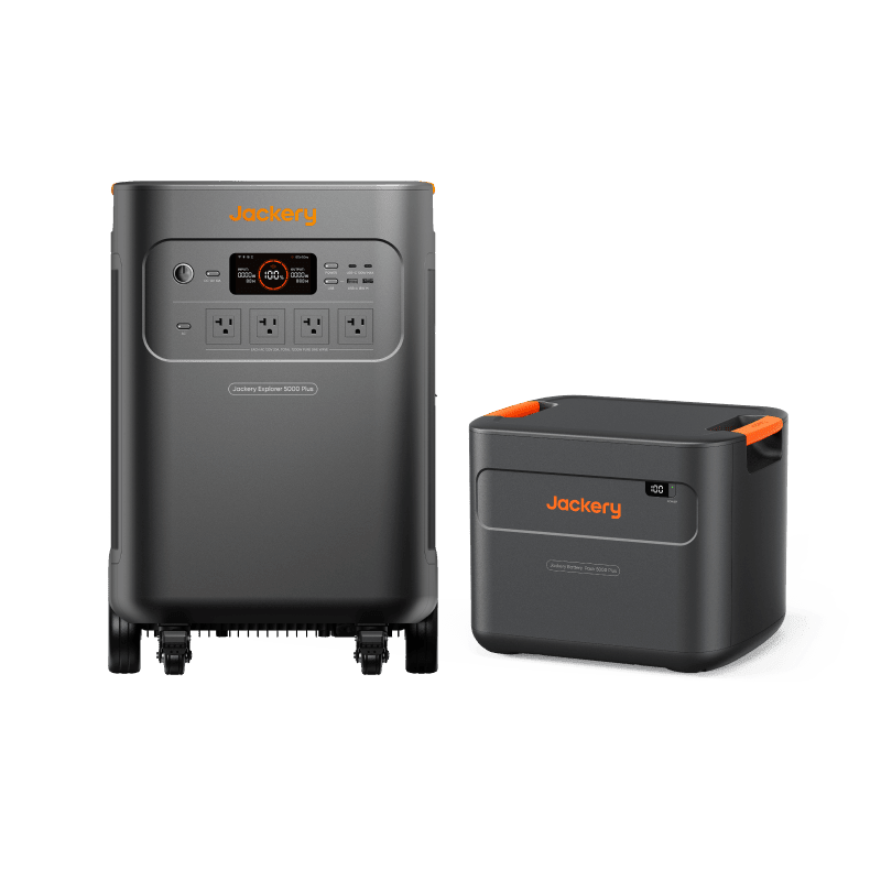 Jackery Explorer 5000 Plus portable power station with 5040Wh capacity and 5K extra battery, shown with multiple charging ports and handle.
