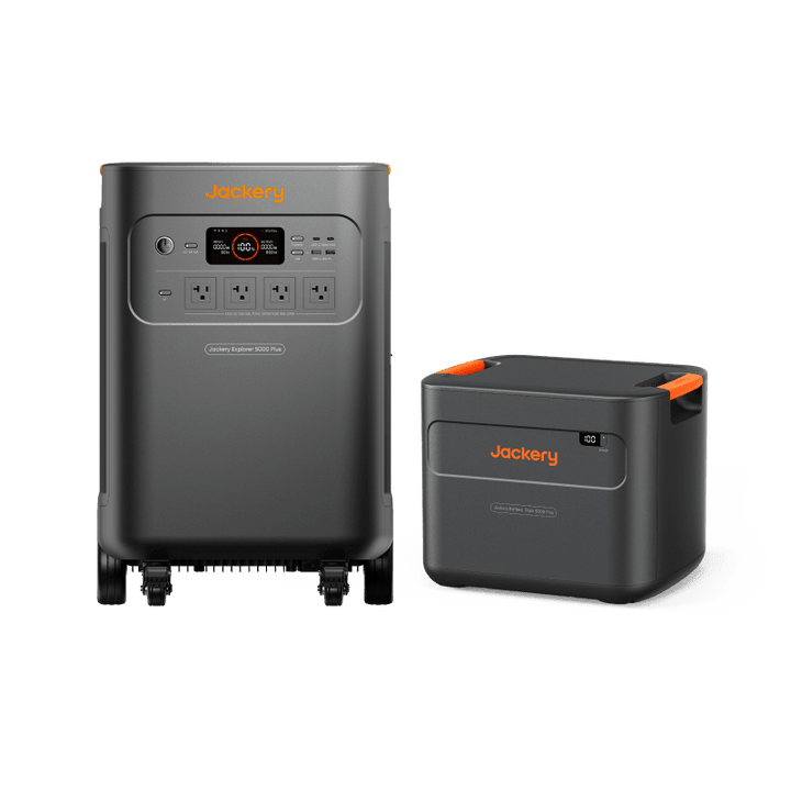 Jackery Explorer 5000 Plus portable power station with 5040Wh capacity and 5K extra battery, shown with multiple charging ports and handle.