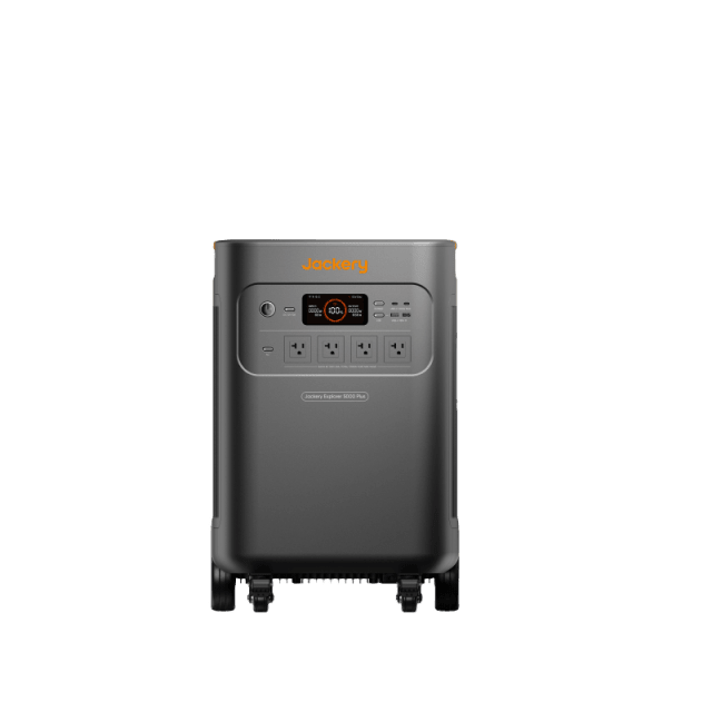Jackery Explorer 5000 Plus portable power station with 5040Wh capacity and 5K extra battery, featuring multiple outlets and display panel.