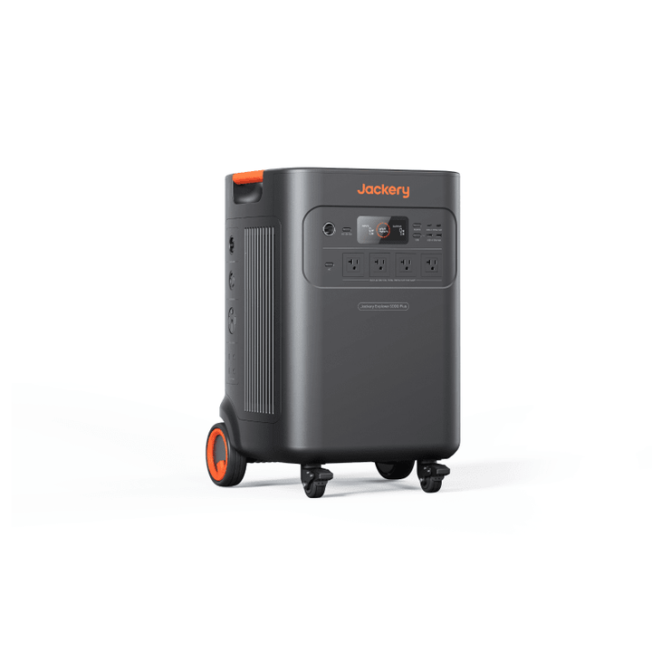 Jackery Explorer 5000 Plus portable power station with 5040Wh capacity and 5K extra battery, showing power outlets and display panel.