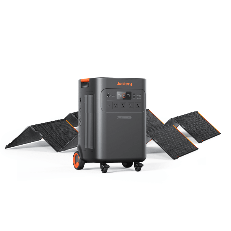 Jackery Explorer 5000 Plus solar generator with 5040Wh capacity and two SolarSaga 500X solar panels, portable power station for outdoor use.