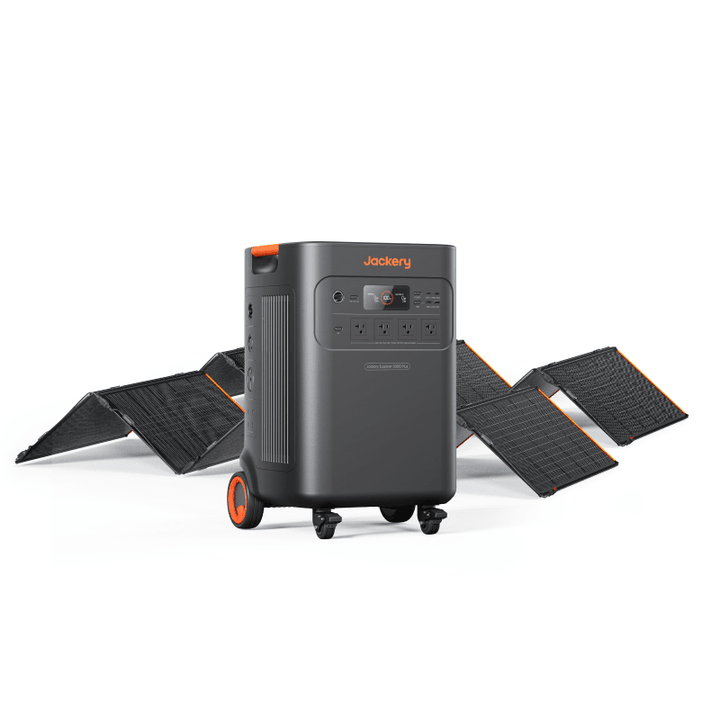 Jackery Explorer 5000 Plus solar generator with 5040Wh capacity and two SolarSaga 500X solar panels, portable power station for outdoor use.