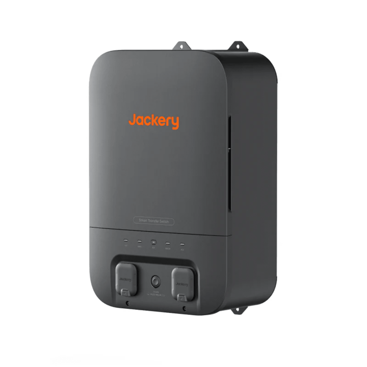 Jackery Explorer 5000 Plus portable power station with SolarSaga 500W solar panel and smart transfer switch in a user setup.