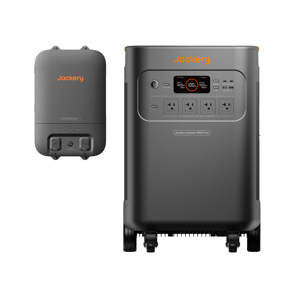 Jackery Explorer 5000 Plus portable power station with 5040Wh capacity and smart transfer switch for whole-home backup.