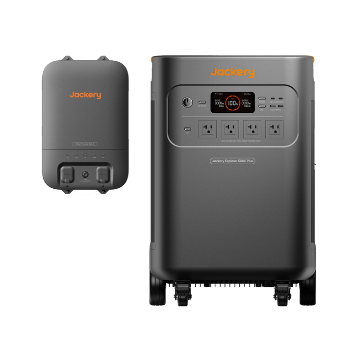Jackery Explorer 5000 Plus portable power station with 5040Wh capacity and smart transfer switch for whole-home backup.