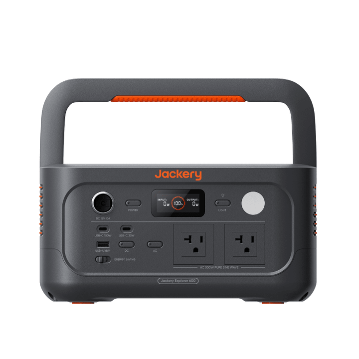 Jackery Explorer 600 v2 portable power station with 640Wh capacity, showing its compact design and multiple output ports.