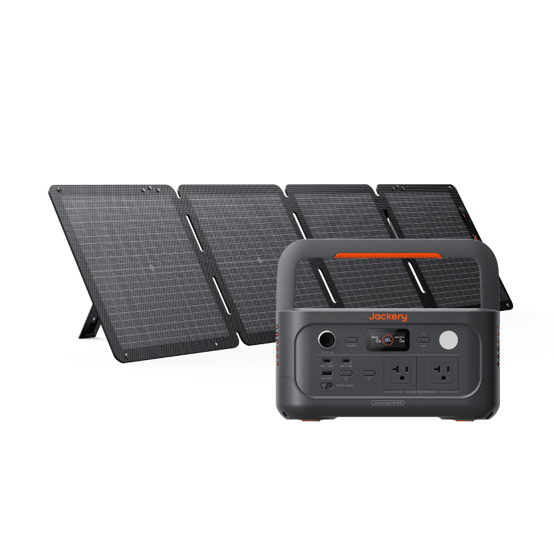 Jackery Explorer 600 V2 portable power station with Solar Saga 100W air solar panel in outdoor setting