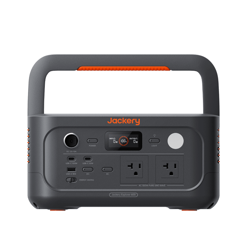 Jackery Explorer 600 V2 portable power station with Solar Saga 100W Air Panel for outdoor charging and emergency power.
