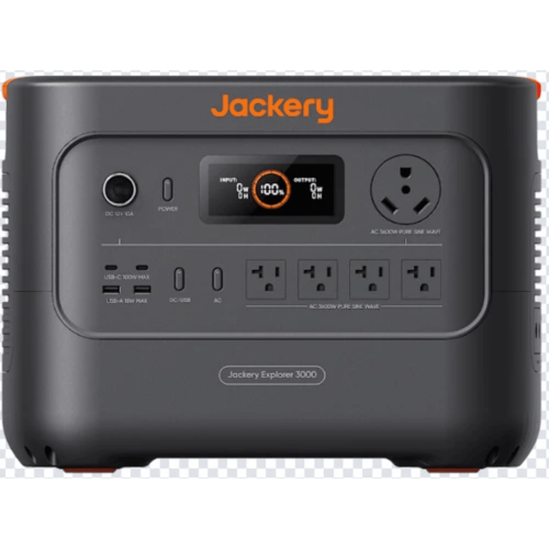Jackery Explorer HP3000 portable power station with 3072Wh capacity and two 200W solar panels for outdoor energy storage.