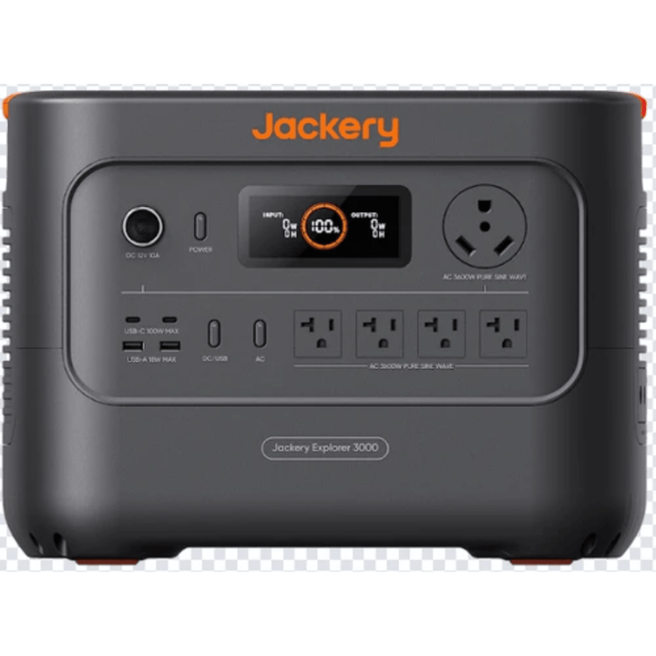 Jackery Explorer HP3000 portable power station with 3072Wh capacity and two 200W solar panels for outdoor energy storage.