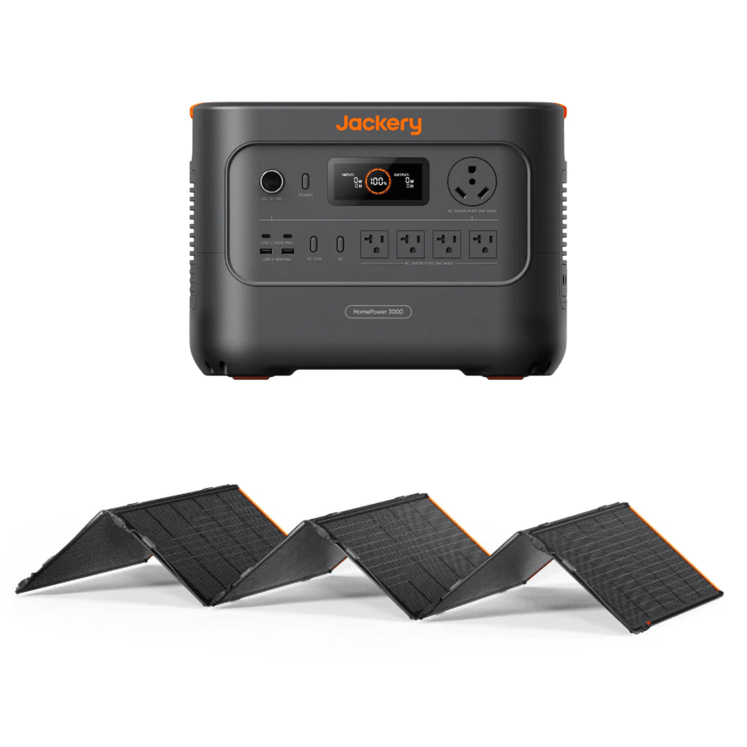 Jackery Explorer HP3000 portable power station with 3072Wh capacity and 500W solar panel for off-grid energy.