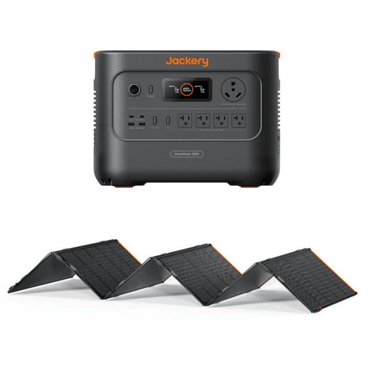 Jackery Explorer HP3000 portable power station with 3072Wh capacity and 500W solar panel for off-grid energy.