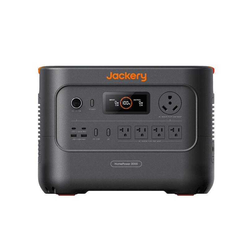 Jackery Explorer HP3000 portable power station with 3072Wh capacity, 1000W solar input, shown with power outlets and display panel.