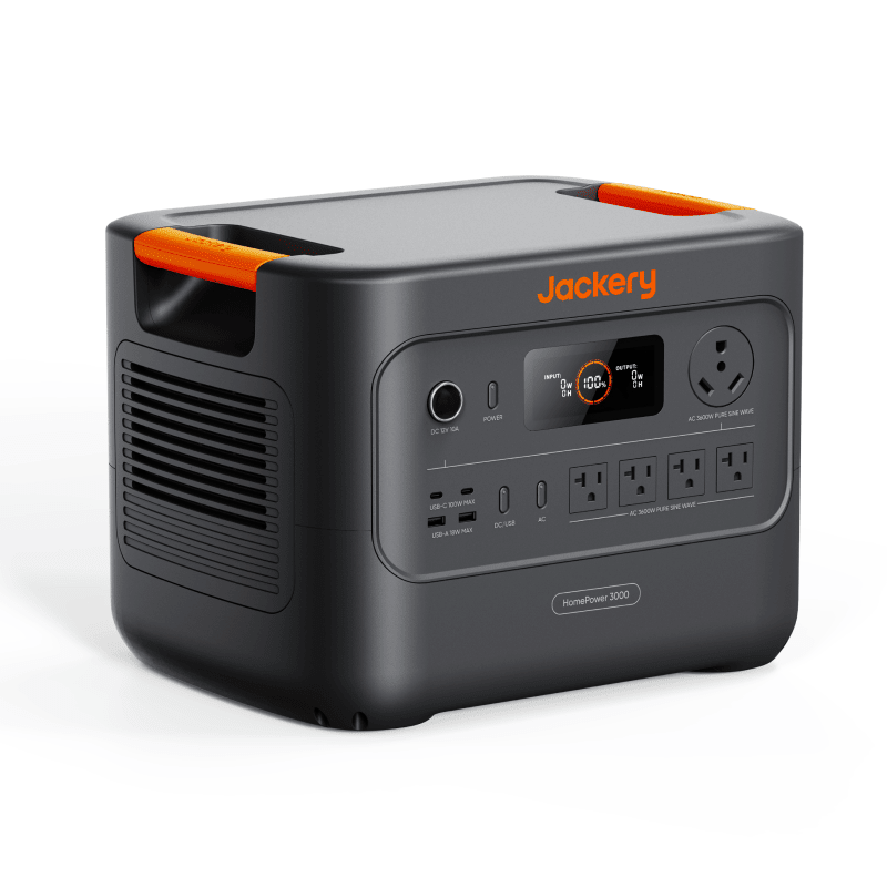 Jackery Explorer HP3000 portable power station with 3072Wh capacity and 1000W solar input, shown with multiple charging ports and display screen.