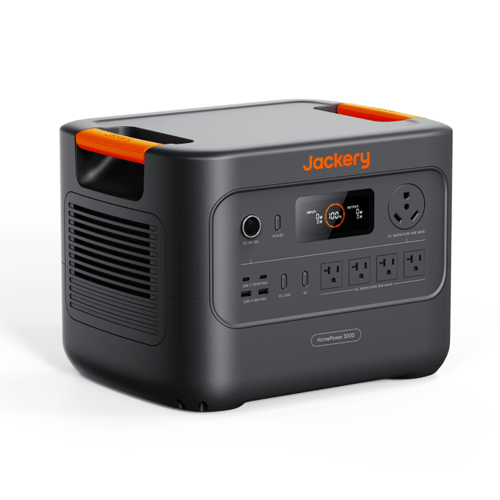 Jackery Explorer HP3000 portable power station with 3072Wh capacity and 1000W solar input, shown with multiple charging ports and display screen.