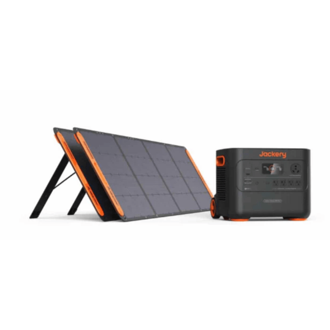 Jackery Explorer HP3000 portable power station with 3072Wh capacity and two 200W solar panels for outdoor energy storage.