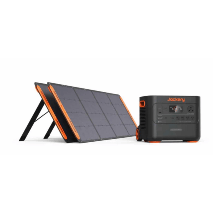 Jackery Explorer HP3000 portable power station with 3072Wh capacity and two 200W solar panels for outdoor energy storage.