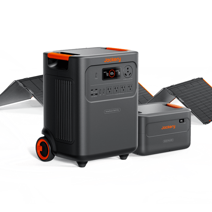Jackery HomePower 3600 Plus portable power station with solar panel and battery pack, showing multiple power outputs and compact design.