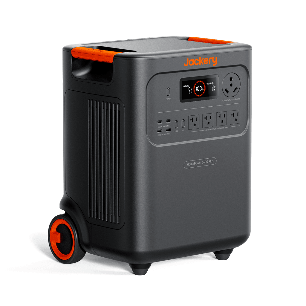 Jackery HomePower 3600 Plus portable power station with 3584Wh capacity and 1000W solar input, featuring multiple output ports.