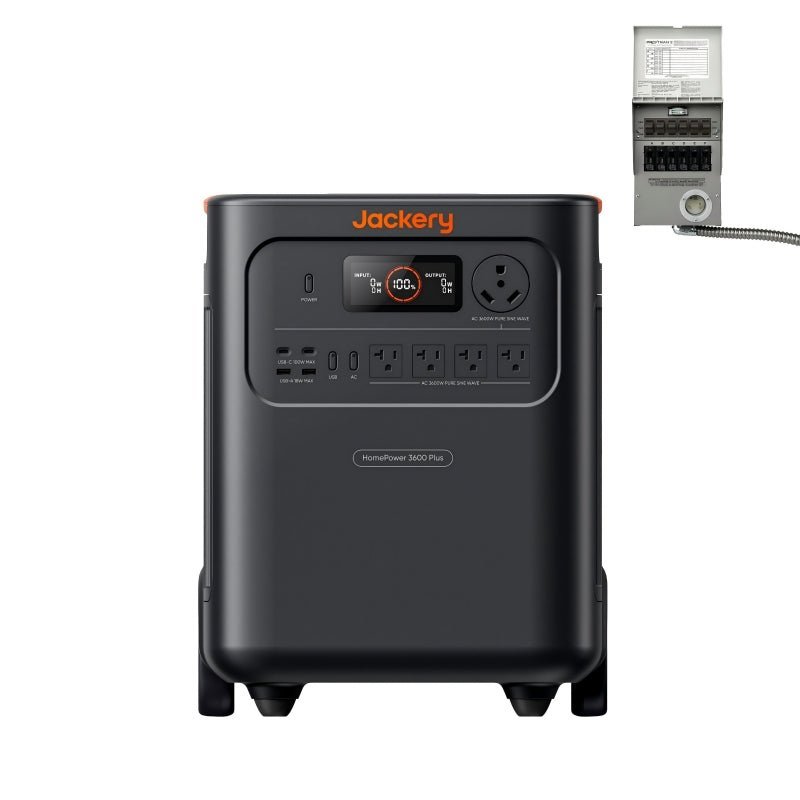 Jackery HomePower 3600 Plus portable power station with manual transfer switch and 3584Wh capacity, shown on a neutral background.