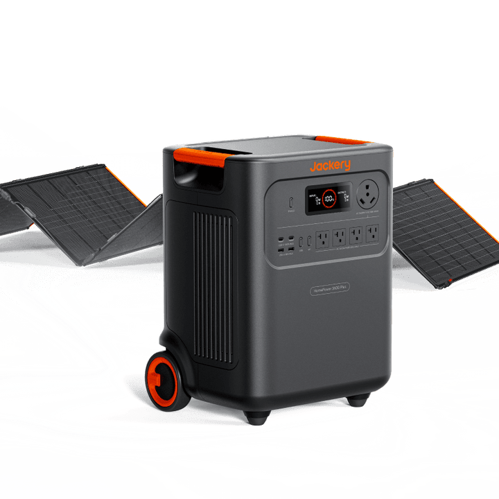 Jackery HomePower 3600 Plus portable power station with 3584Wh capacity and SolarSaga 500W solar panel for backup power.