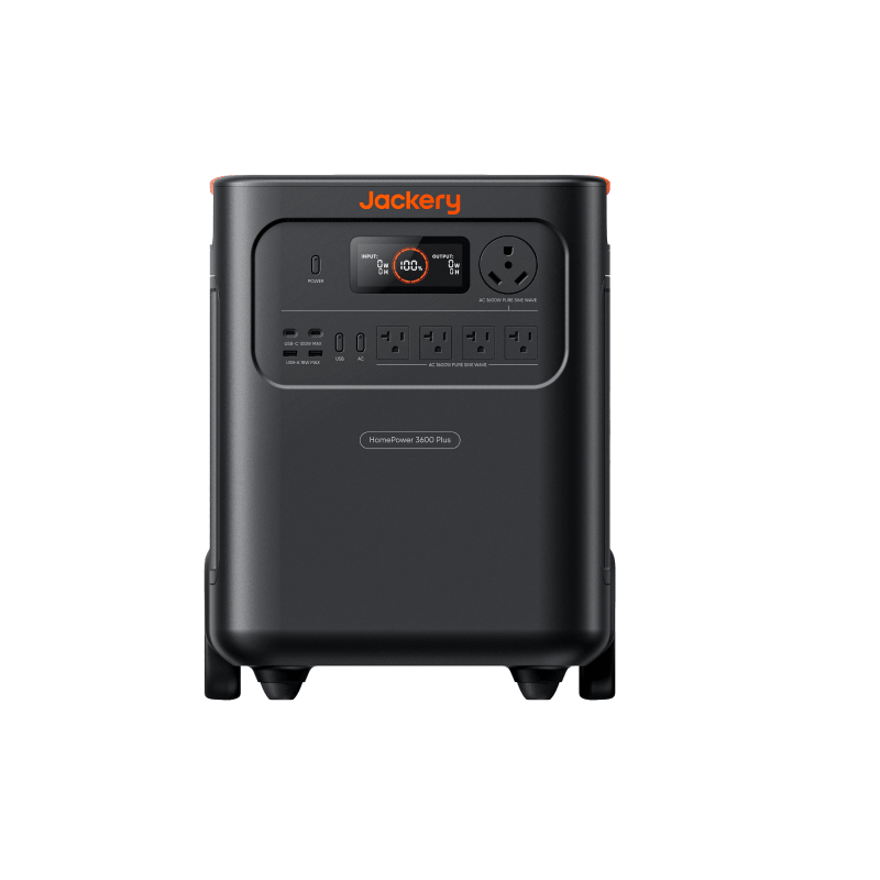 Jackery HomePower 3600 Plus portable power station with 3584Wh capacity and SolarSaga 500W solar panel for backup energy.
