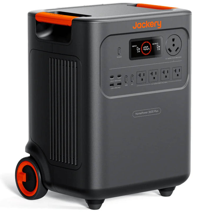 Jackery HomePower 3600 Plus portable power station with battery pack, featuring multiple outlets and digital display for charging devices.
