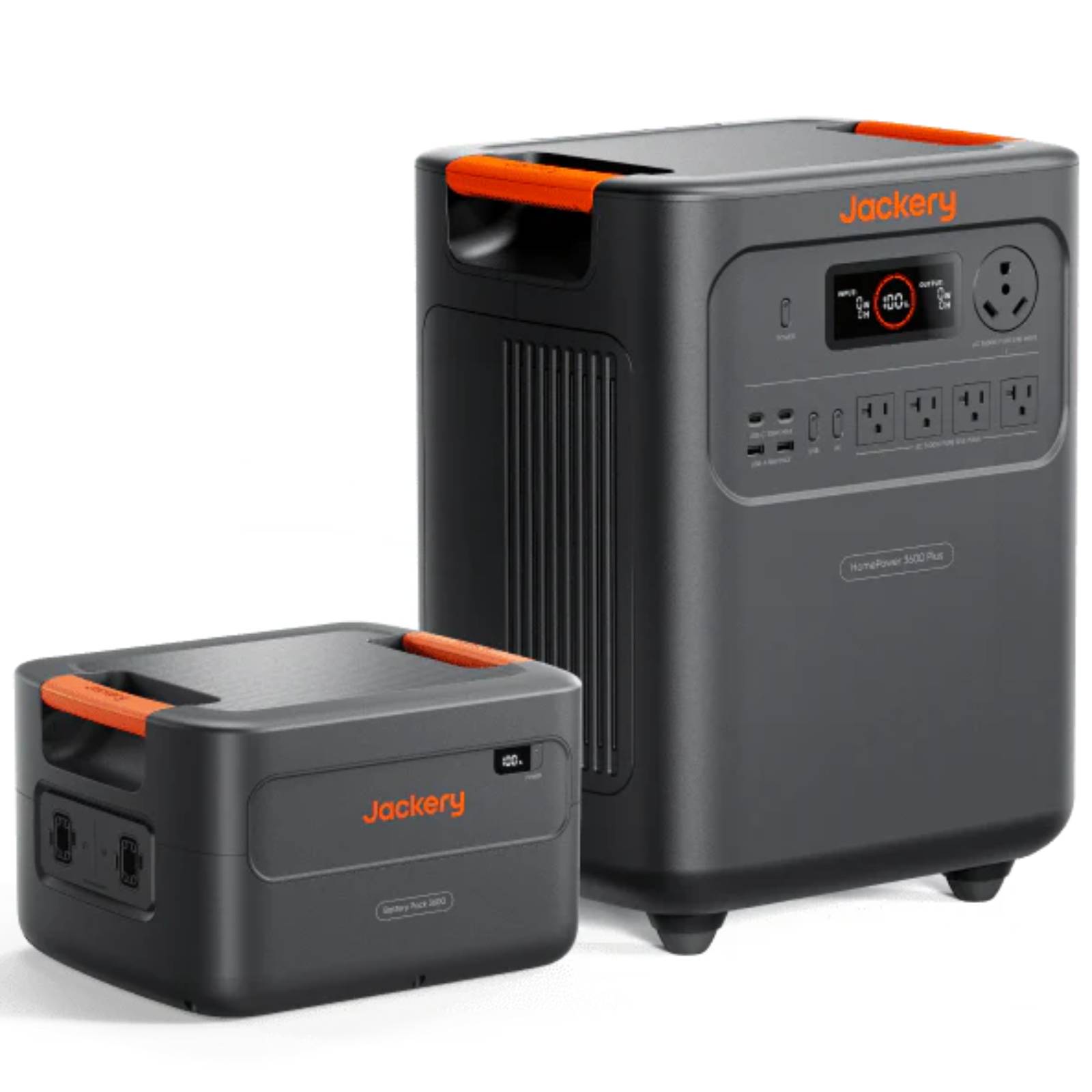 Jackery HomePower 3600 Plus portable power station with battery pack, showing multiple charging ports and digital display panel