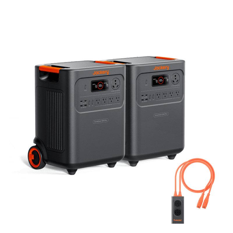 Two Jackery HomePower 3600 Plus portable power stations with connectors, showcasing their compact design and multiple outlets.