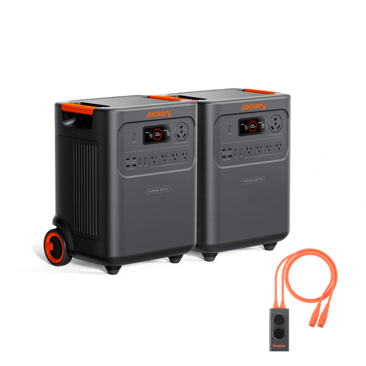Two Jackery HomePower 3600 Plus portable power stations with connectors, showcasing their compact design and multiple outlets.