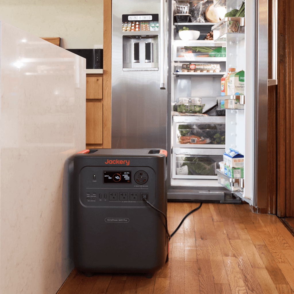 Two Jackery HomePower 3600 Plus portable power stations with connectors, showcasing their compact design and digital displays.