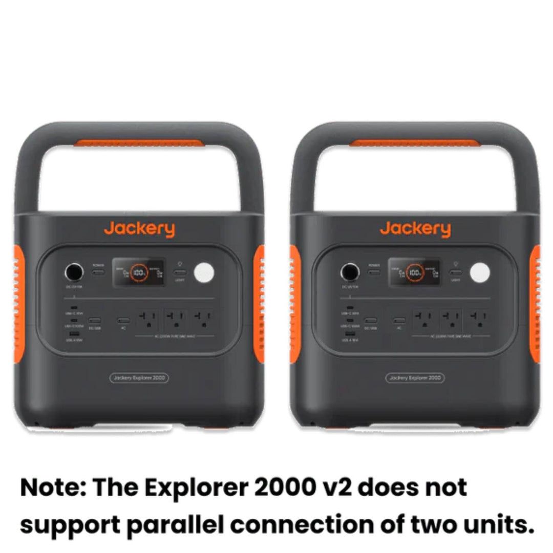 Two Jackery Explorer 2000 V2 portable power stations with two SolarSaga 200W portable solar panels for outdoor energy.