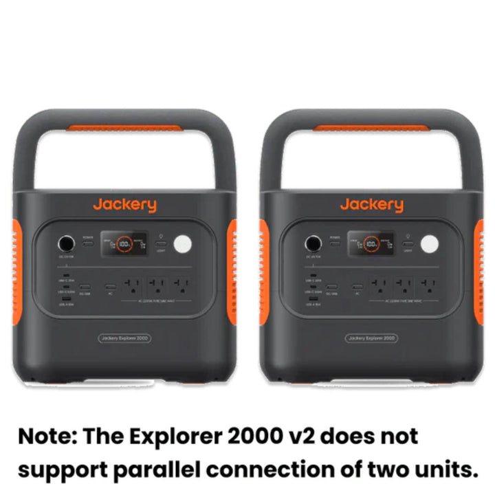 Two Jackery Explorer 2000 V2 portable power stations with two SolarSaga 200W portable solar panels for outdoor energy.