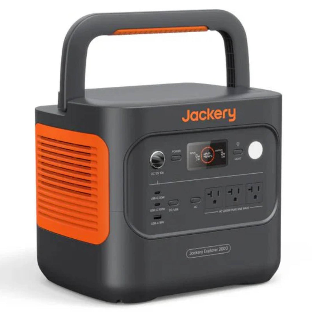 Two Jackery Explorer 2000 V2 portable power stations with two SolarSaga 200W portable solar panels, outdoor charging setup.
