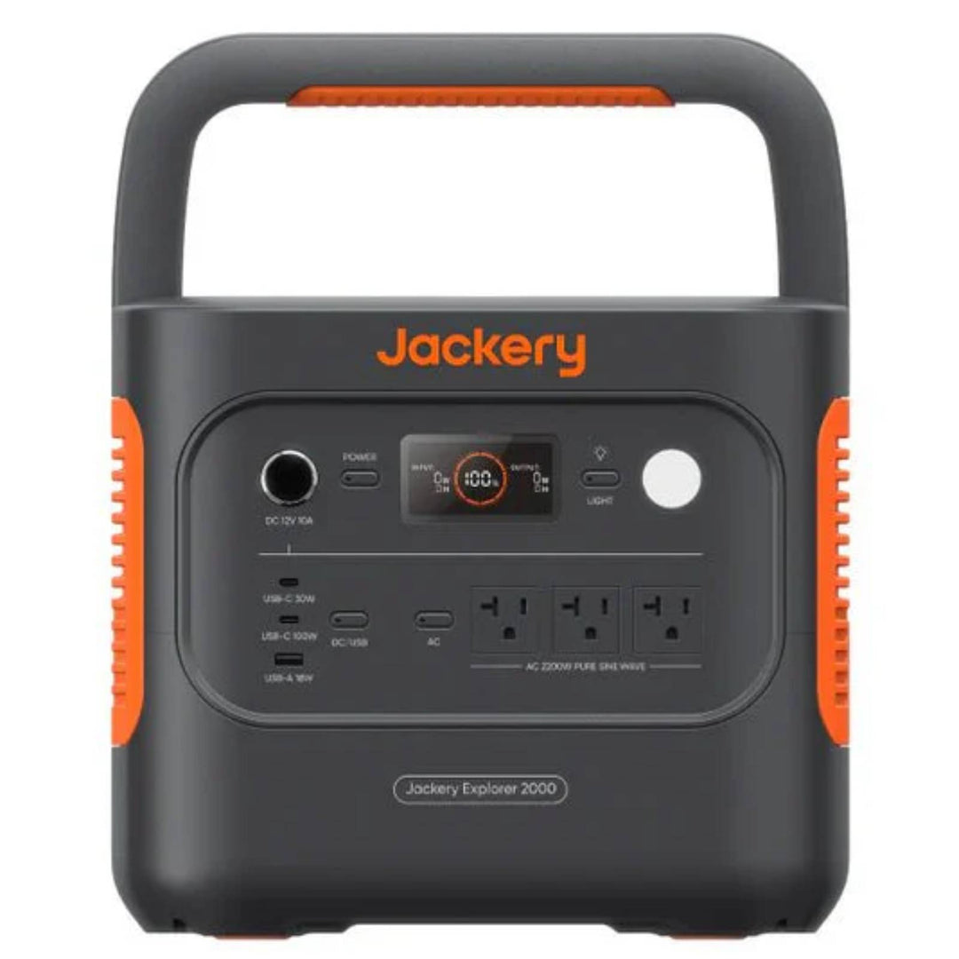 Two Jackery Explorer 2000 V2 portable power stations with two SolarSaga 200W solar panels for outdoor energy backup.