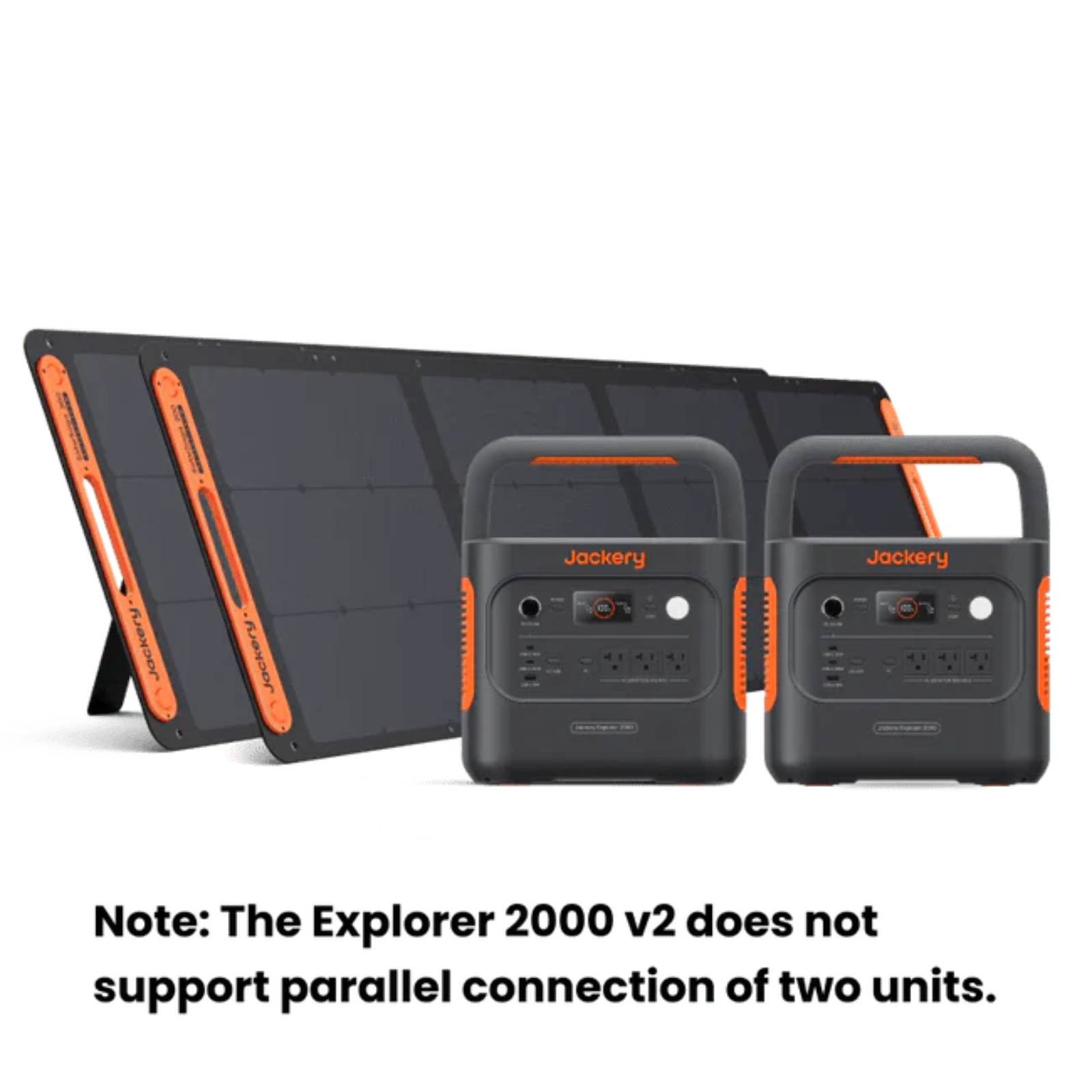 Two Jackery Explorer 2000 V2 portable power stations with two SolarSaga 200W solar panels for outdoor power backup and solar charging.