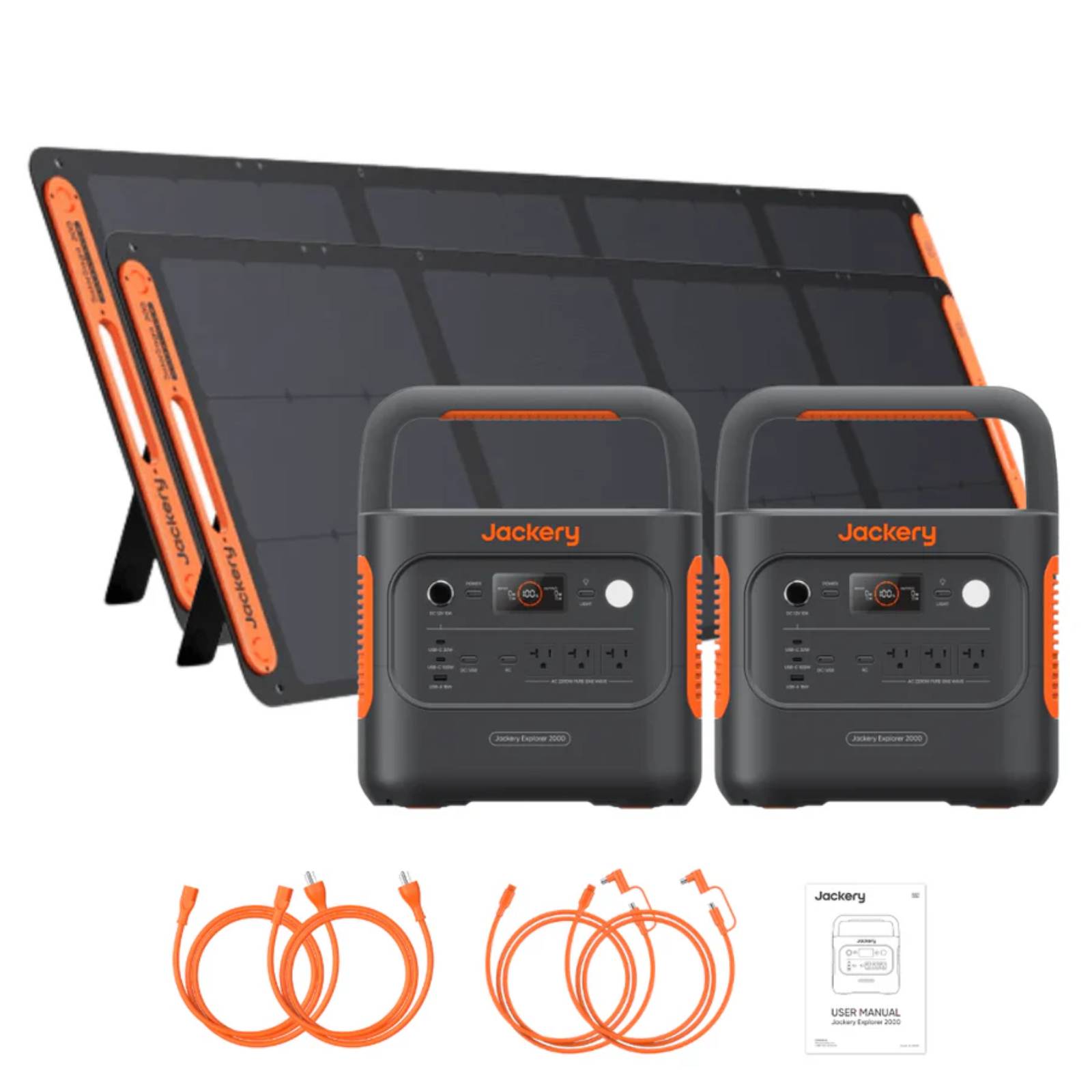 Two Jackery Explorer 2000 V2 portable power stations with two SolarSaga 200W solar panels for outdoor energy needs.