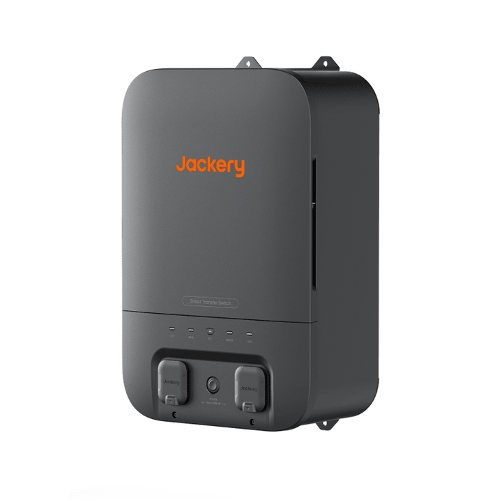 Jackery Smart Transfer Switch STS for portable power station, 120V/240V, 60Hz, black device with control panel and connectors.