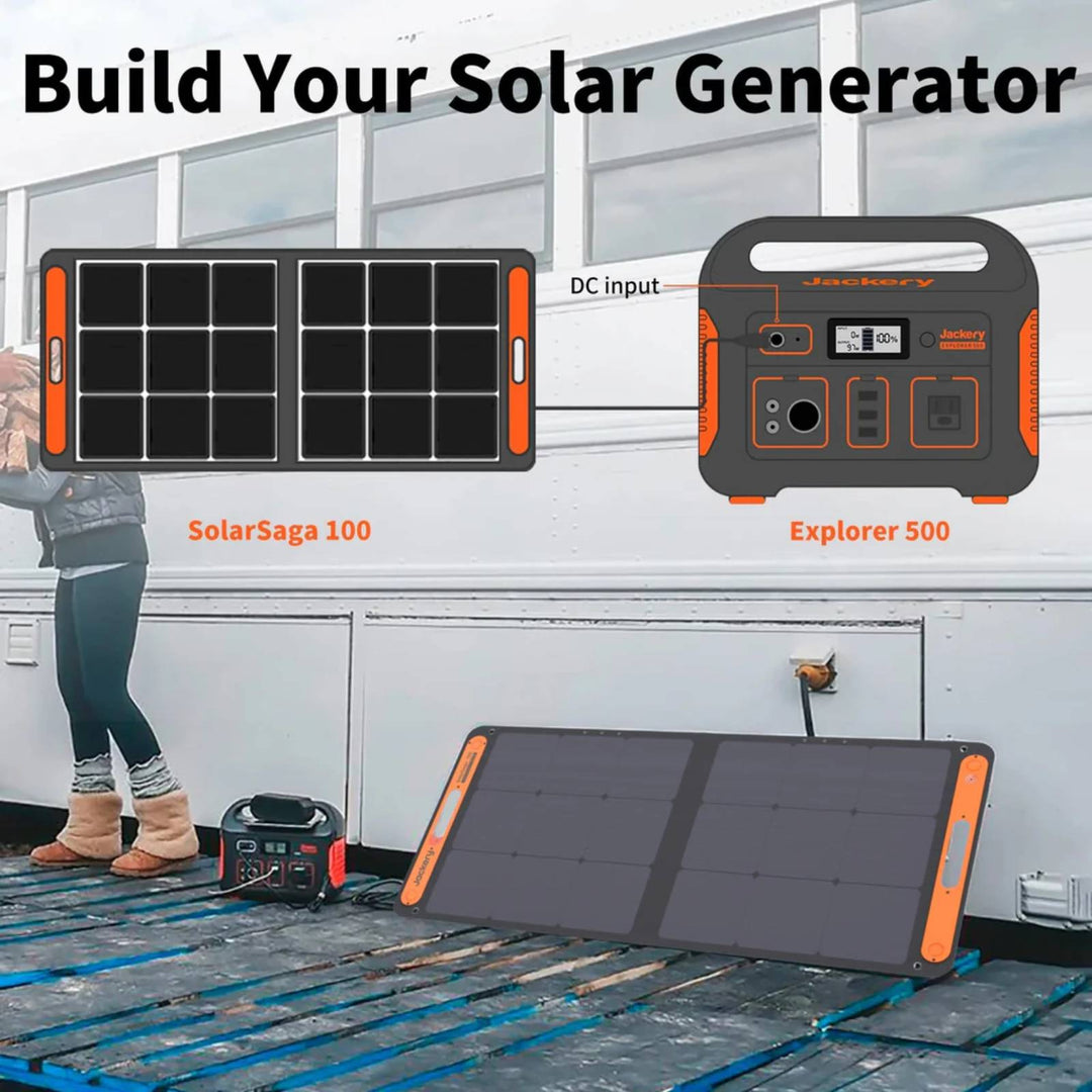 Jackery Solar Generator 500 portable power station with SolarSaga 80W solar panel for outdoor energy storage and charging.