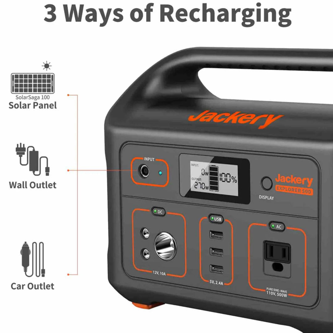 Jackery Solar Generator 500 portable power station with SolarSaga 80W solar panel for outdoor charging and energy supply.