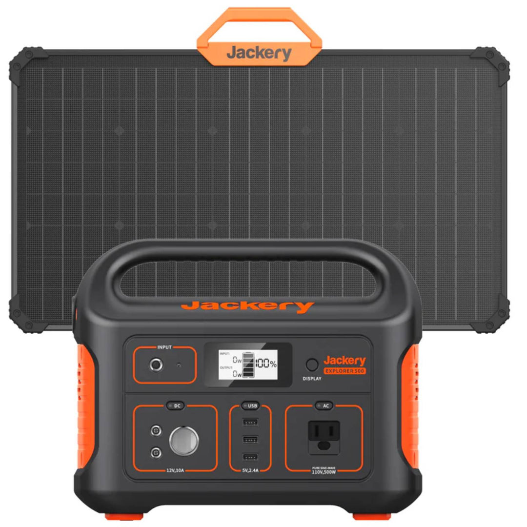Jackery Solar Generator 500 with SolarSaga 80W solar panel, portable power station for outdoor and emergency use.