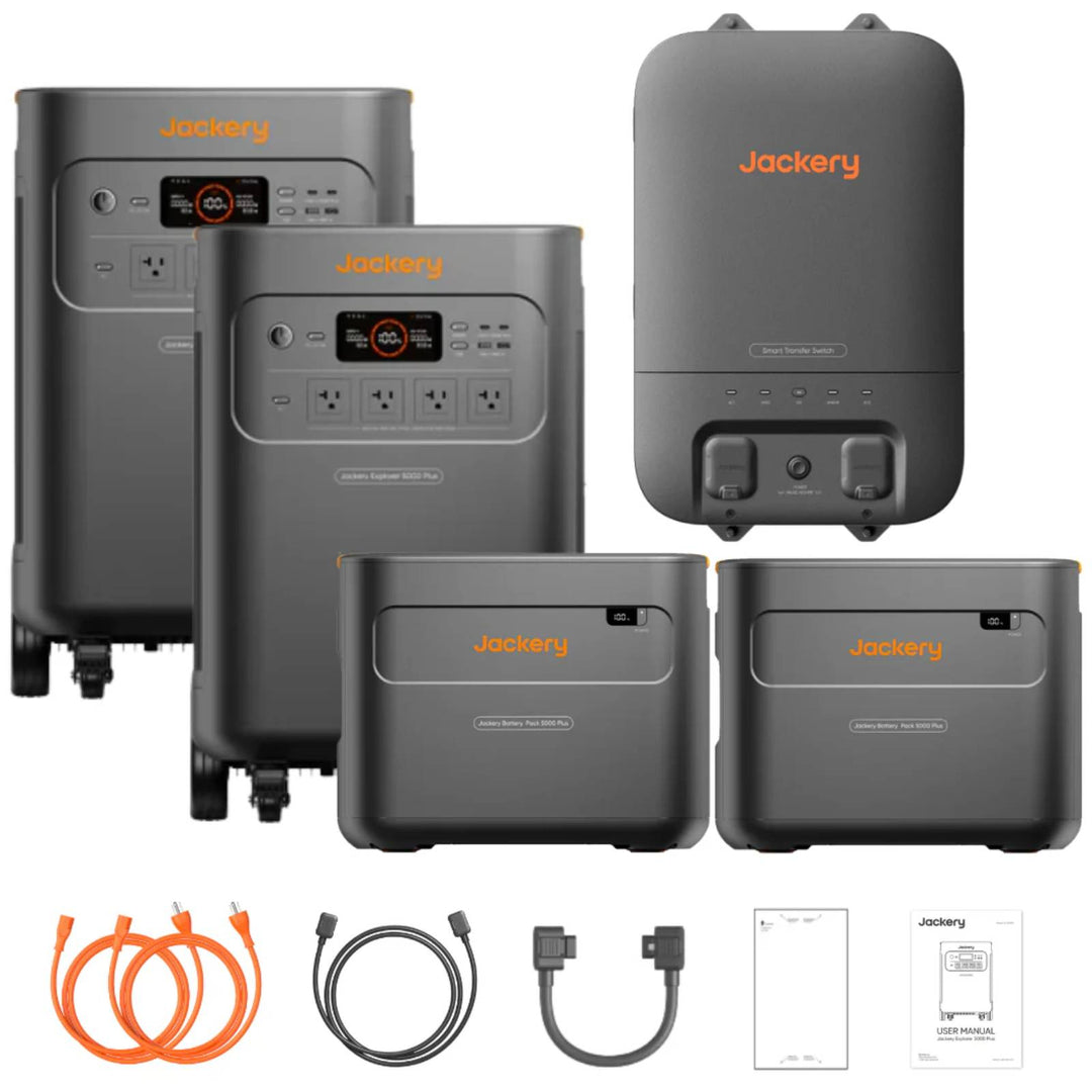 Jackery Whole-Home Backup Kit 5000 Plus portable power station with multiple outlets and a digital display, used for emergency power backup.