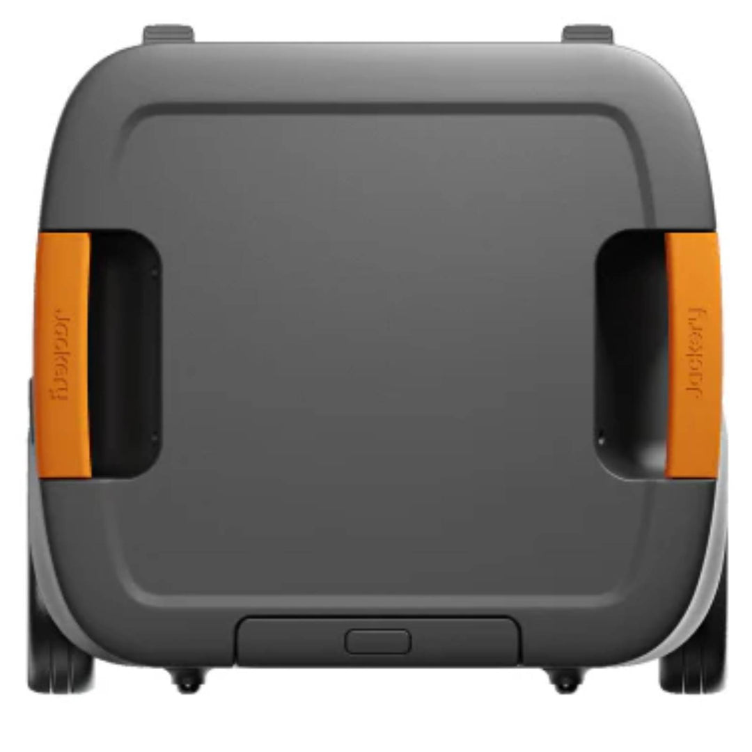 Jackery portable power station from the Whole-Home Backup Kit 5000 Plus, showing multiple outlets and digital display on a white background.