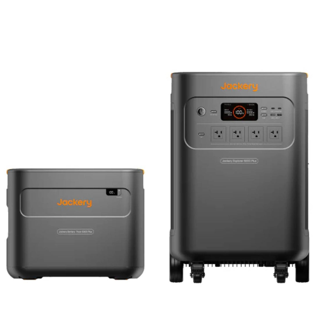 Jackery Whole-Home Backup Kit 5000 Plus portable power station with multiple outlets and digital display, 20kWh capacity.