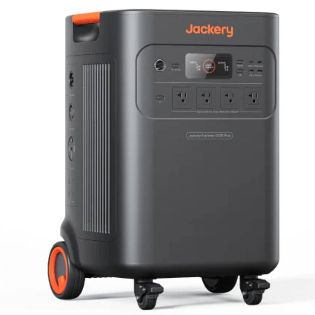 Jackery portable power station from the Whole-Home Backup Kit 5000 Plus with a 20kWh capacity, featuring multiple outlets and digital display