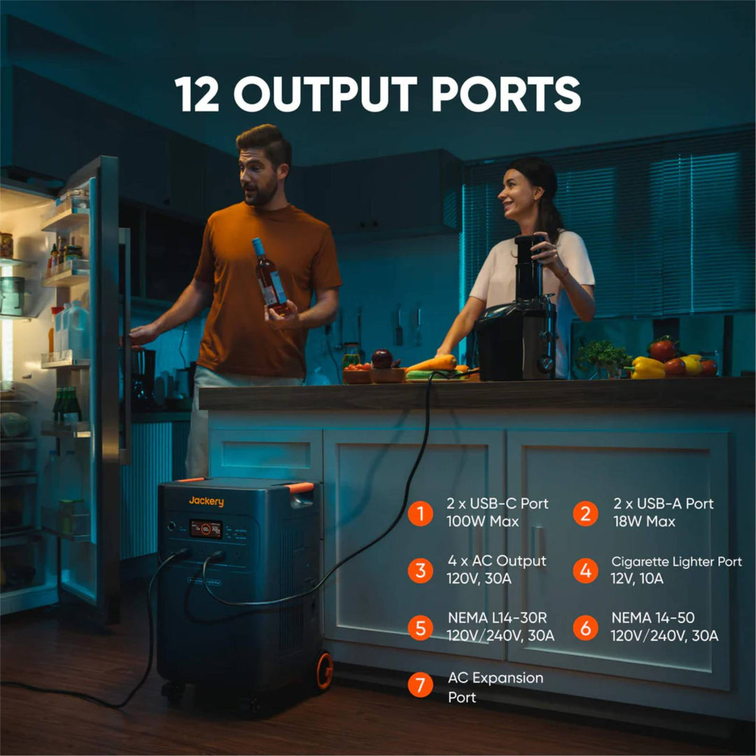 Jackery Whole-Home Backup Kit 5000 Plus portable power station with multiple outlets and display screen for emergency energy backup.