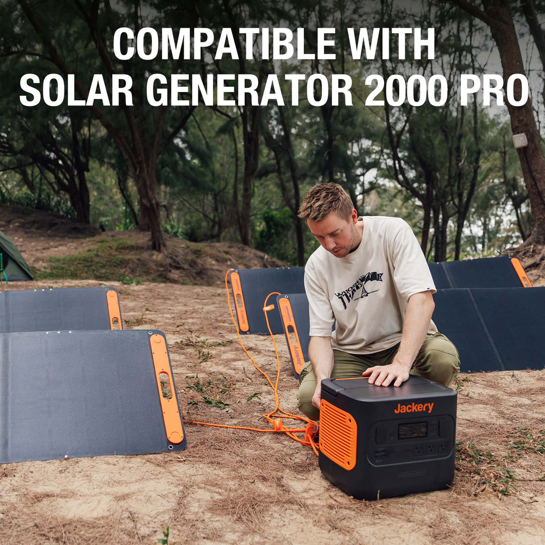 Jackery solar panel connector for outdoor solar power systems, shown with compatible cable and connection ports.