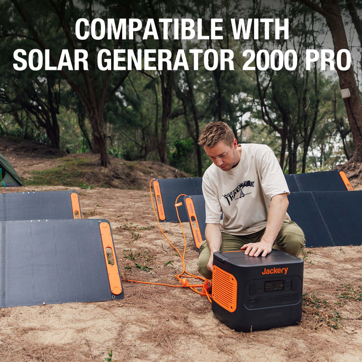 Jackery solar panel connector for outdoor solar power systems, shown with compatible cable and connection ports.