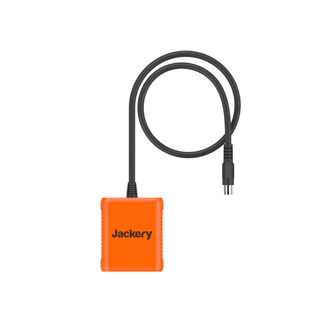 Jackery Solar Panel Connector E1500B showing the compact, black connector with cable for solar panel compatibility