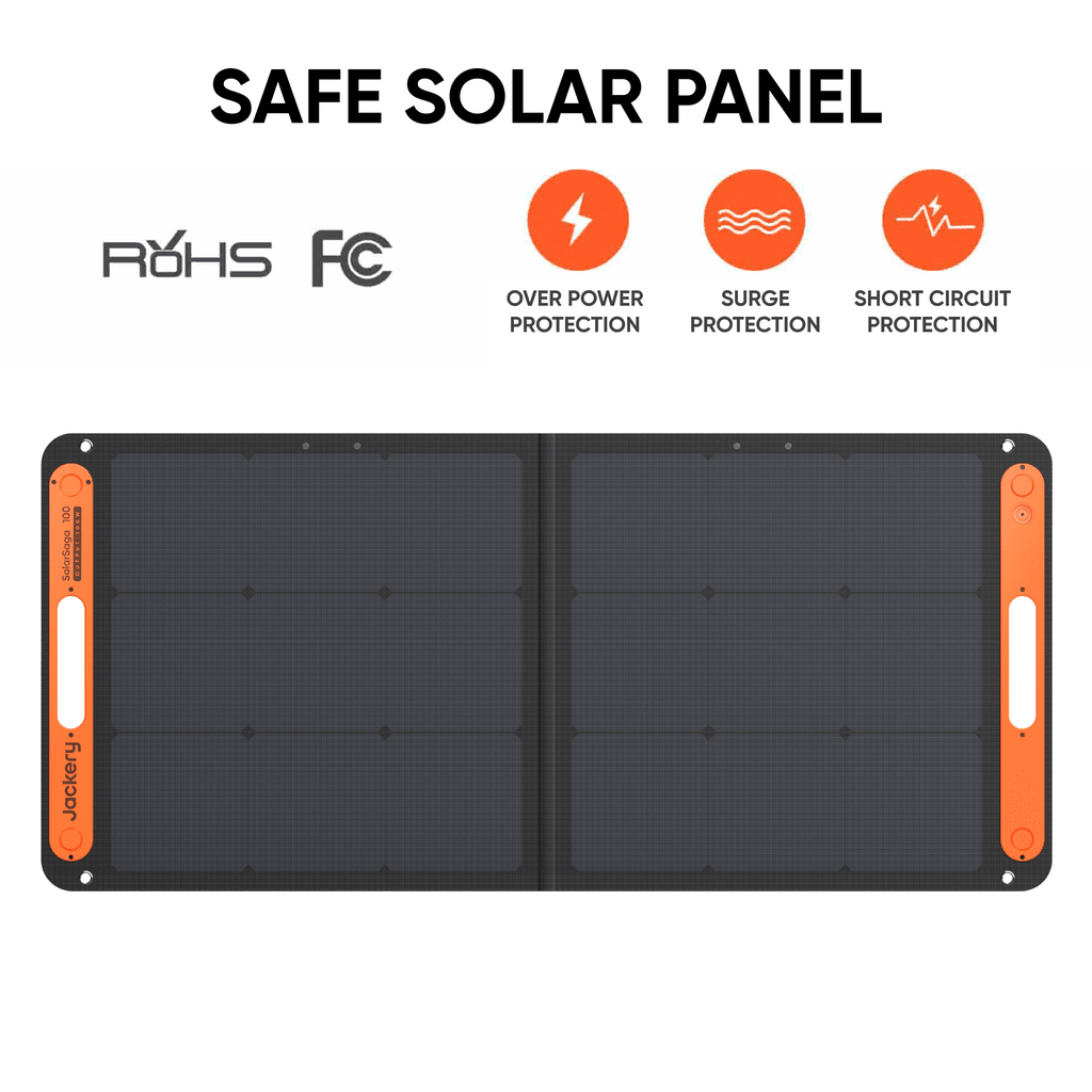 Jackery SolarSaga 100W solar panel with adjustable stand, outdoor setup showing the black rectangular solar panel in bright sunlight.